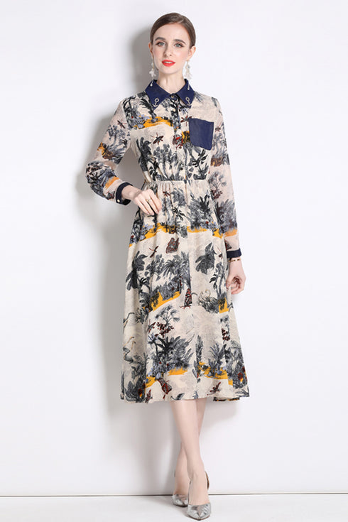 Vintage French Style Collared Beige & Navy Tropical Print Dress